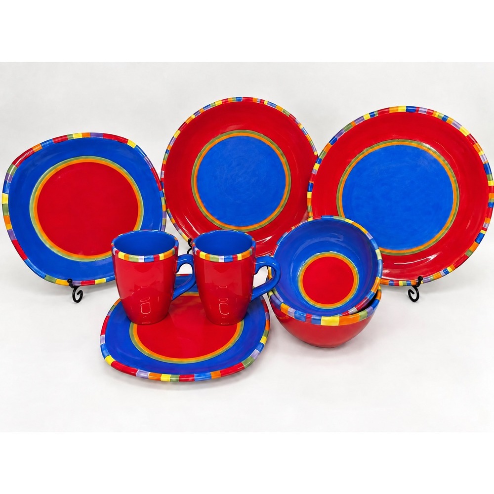 Dansk Caribe Antigua Stripe 8 Pc Set Handpainted Red Blue Dinnerware Plates Bowl